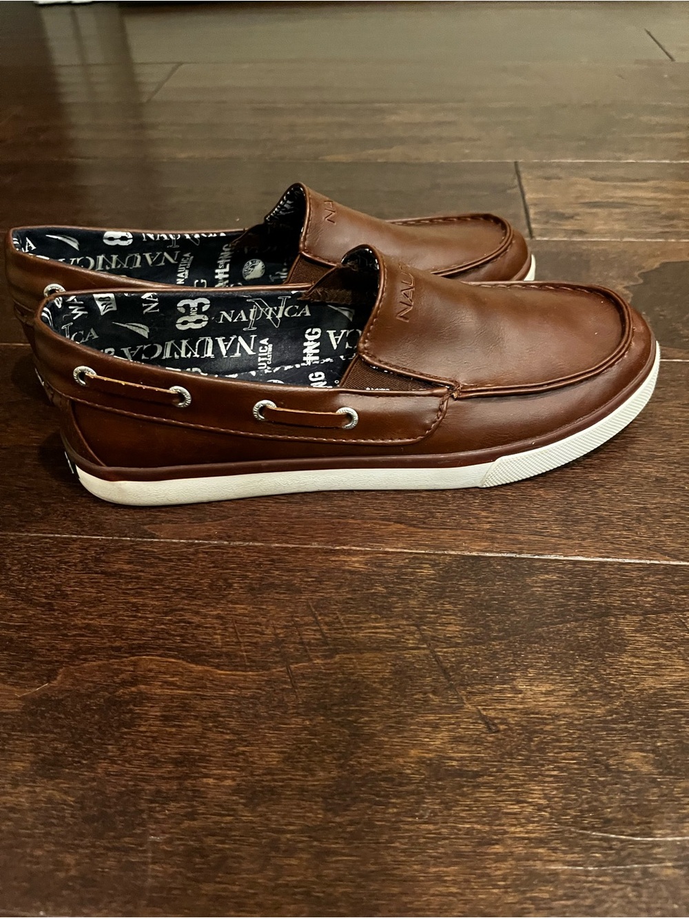 Nautica Men’s Brown Leather Slip-On Deck Shoes with White Soles